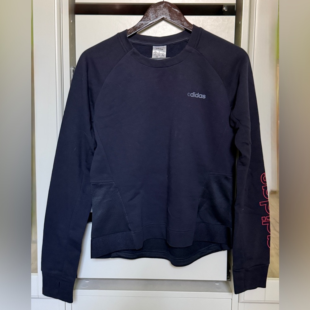 Adidas Womens Navy Blue Sweatshirt Crewneck Long Sleeves Ribbed Panels Size M